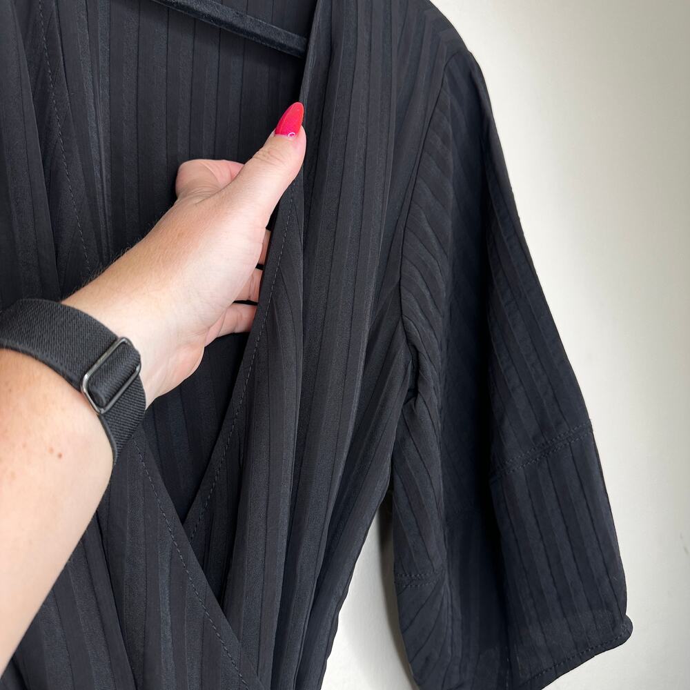 NWOT Everlane The City Stripe Puff Sleeve Black Ribbed Midi Wrap Dress 10 - Picture 6 of 15